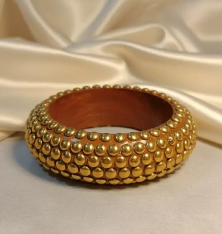 Domed Brass Stud Wooden Bangle